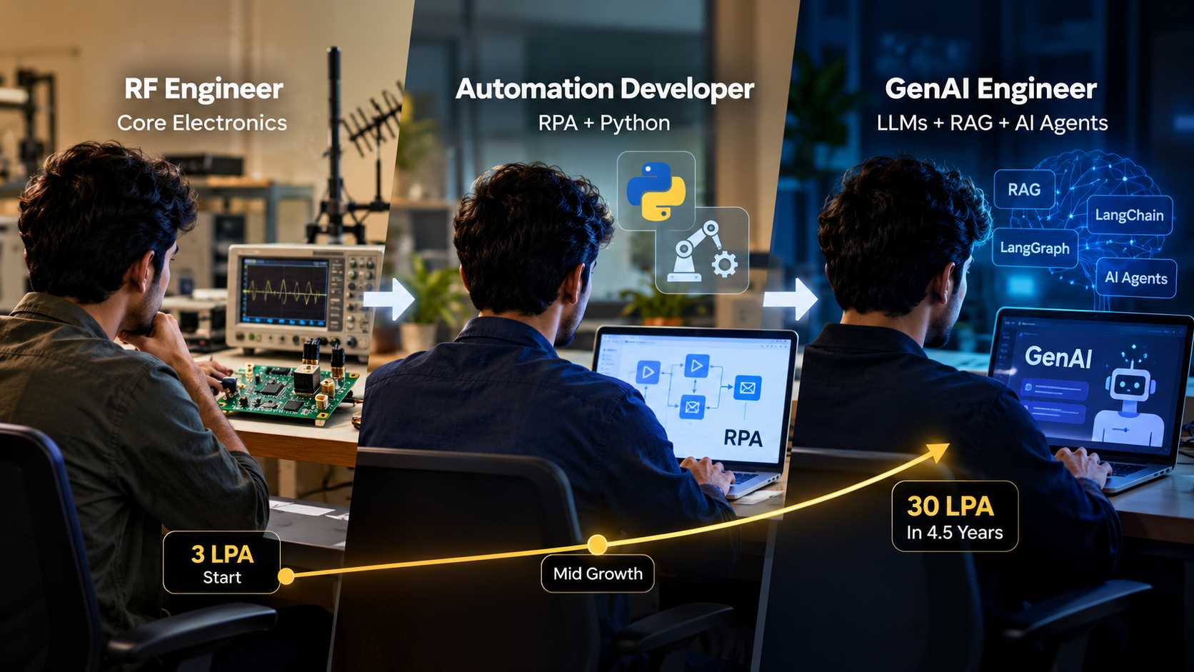 Career transition from core electronics and RF engineering to automation development and Generative AI.
